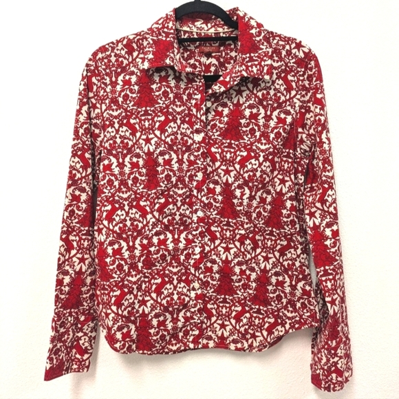 Talbots Tops - Talbots White And Red Christmas Tree Holiday Button Up Shirt sz 8 Reindeer Dove